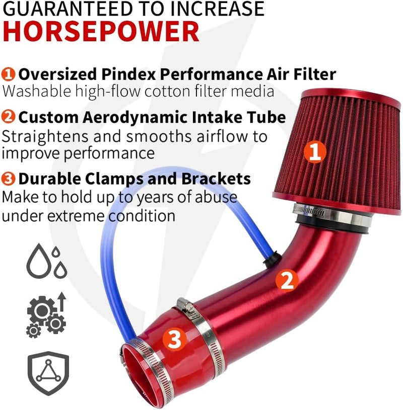 BARTOO 3'' Cold Air Intake Kit Aluminum Automotive Cold Air Intake Pipe Filter Induction Flow Hose Pipe Kit, Red - Image 2